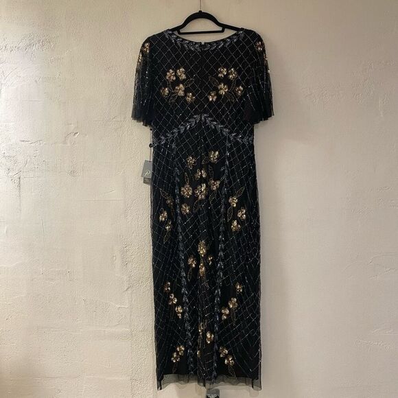 NEW Adrianna Papell Flutter Sleeve Beaded Gown in Black Gold Size 14 - Picture 3 of 11